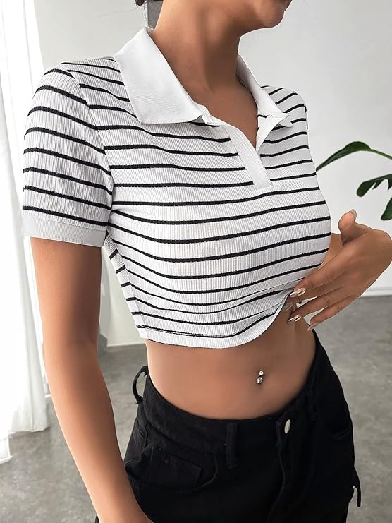 Women Polyester Striped Slim Fit Crop Polo Collar Short Sleeve T-Shirt - Image 2