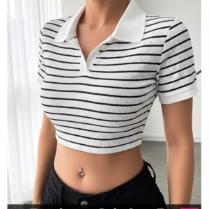 Women Polyester Striped Slim Fit Crop Polo Collar Short Sleeve T-Shirt