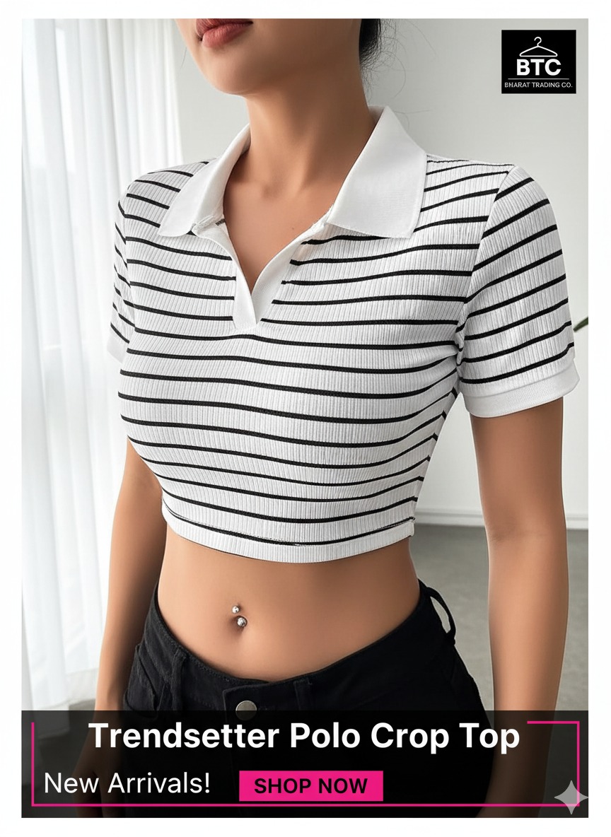 Women Polyester Striped Slim Fit Crop Polo Collar Short Sleeve T-Shirt